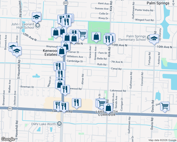 map of restaurants, bars, coffee shops, grocery stores, and more near 3550 Laurette Lane in Lake Worth