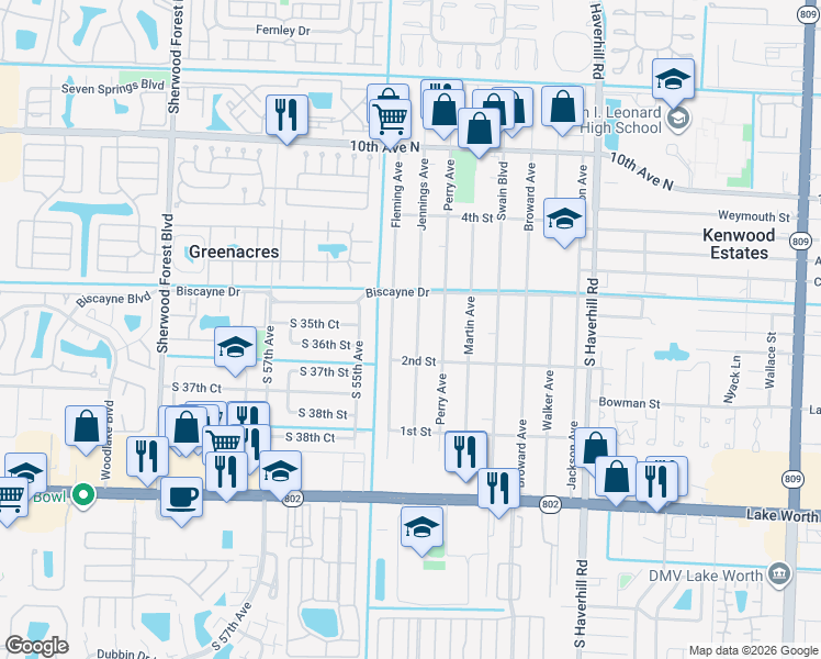 map of restaurants, bars, coffee shops, grocery stores, and more near 329 Jennings Avenue in Greenacres
