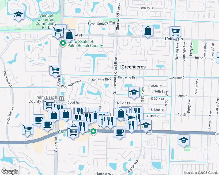 map of restaurants, bars, coffee shops, grocery stores, and more near 3517 Westminster Dr in Greenacres