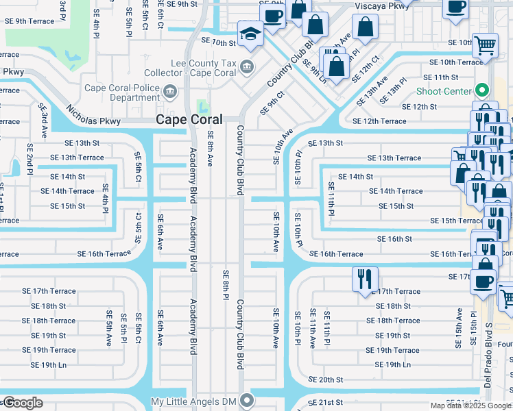 map of restaurants, bars, coffee shops, grocery stores, and more near 911 Southeast 15th Street in Cape Coral