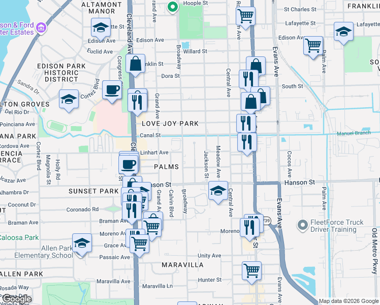 map of restaurants, bars, coffee shops, grocery stores, and more near Montclair Avenue in Fort Myers