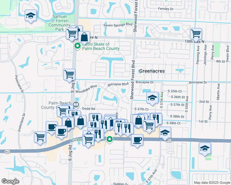 map of restaurants, bars, coffee shops, grocery stores, and more near 3527 Mill Brook Way Circle in Greenacres
