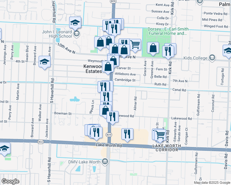 map of restaurants, bars, coffee shops, grocery stores, and more near 4453 Todd Street in Lake Worth