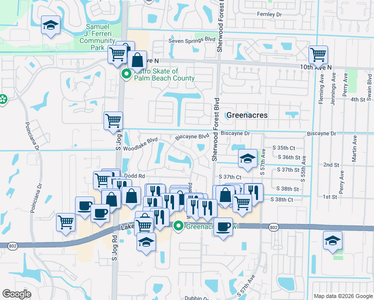 map of restaurants, bars, coffee shops, grocery stores, and more near 3525 Mill Brook Way Circle in Greenacres