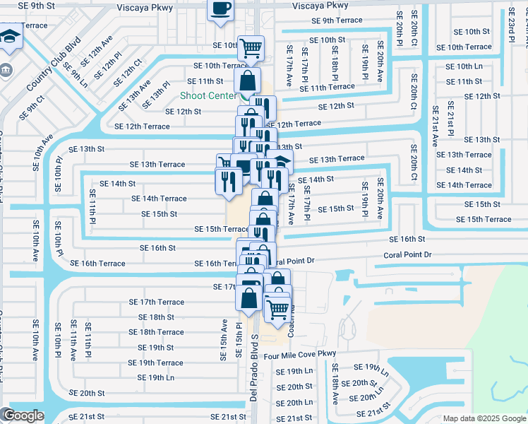 map of restaurants, bars, coffee shops, grocery stores, and more near 1441 Del Prado Boulevard South in Cape Coral
