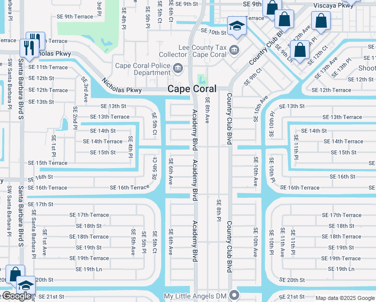 map of restaurants, bars, coffee shops, grocery stores, and more near 621 Southeast 15th Street in Cape Coral