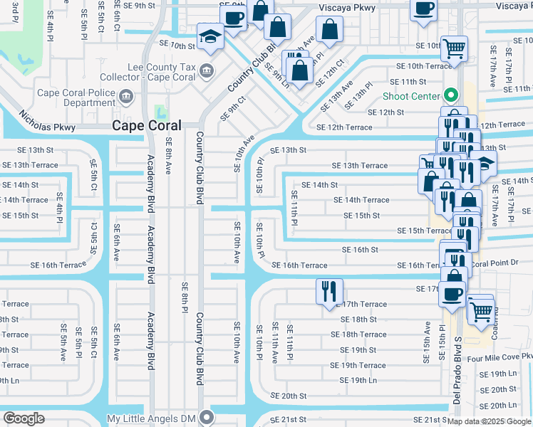 map of restaurants, bars, coffee shops, grocery stores, and more near 1015 Southeast 15th Street in Cape Coral