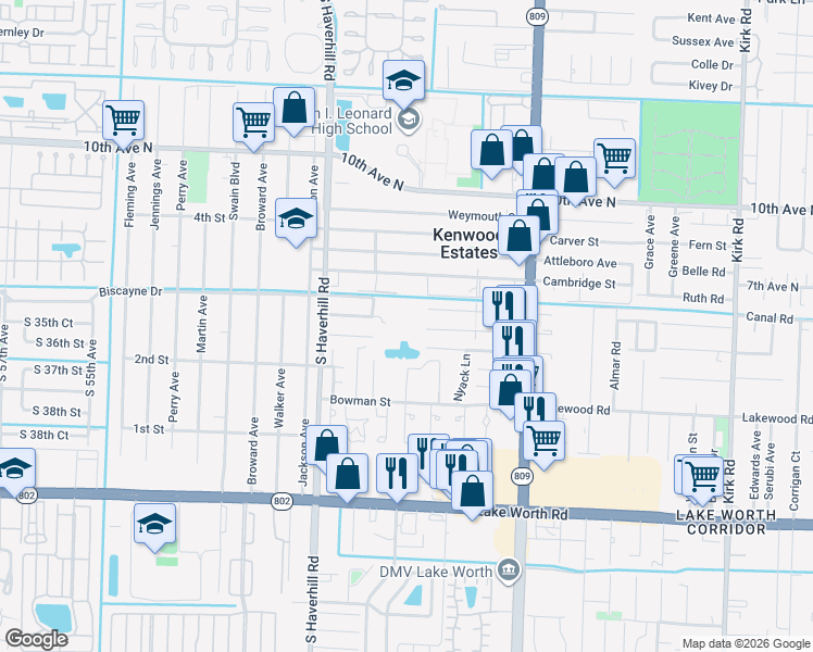 map of restaurants, bars, coffee shops, grocery stores, and more near 4864 Dillon Street in Greenacres