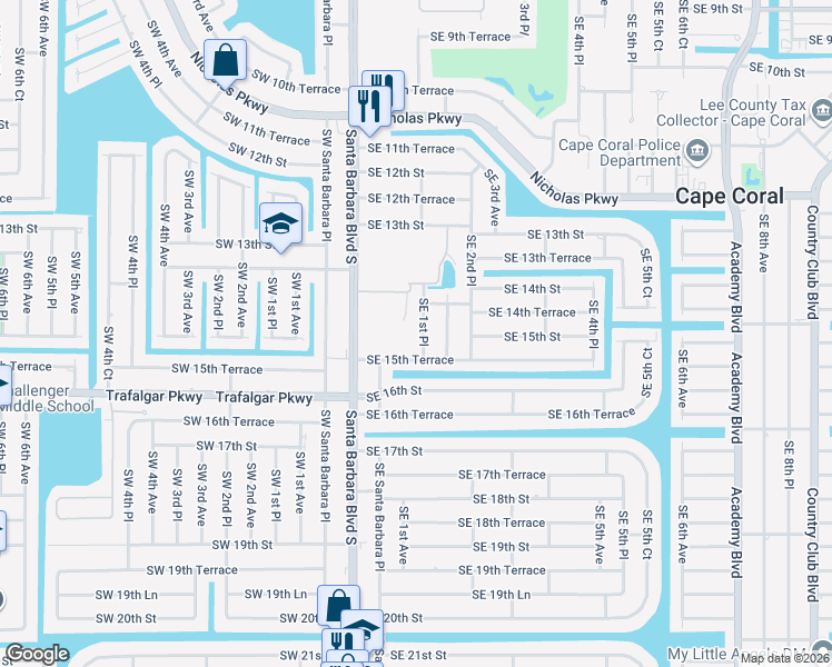 map of restaurants, bars, coffee shops, grocery stores, and more near 1418 Southeast 1st Place in Cape Coral