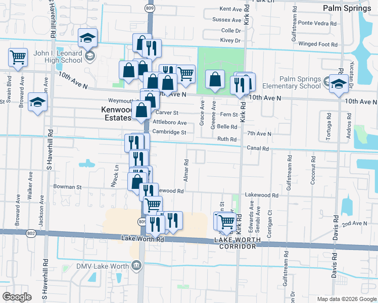 map of restaurants, bars, coffee shops, grocery stores, and more near 3550 Laurette Lane in Lake Worth