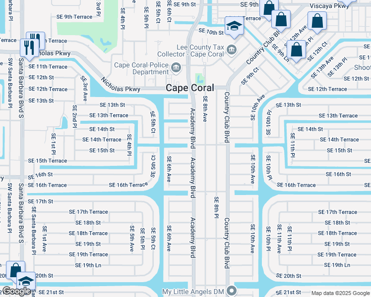 map of restaurants, bars, coffee shops, grocery stores, and more near 621 Southeast 15th Street in Cape Coral