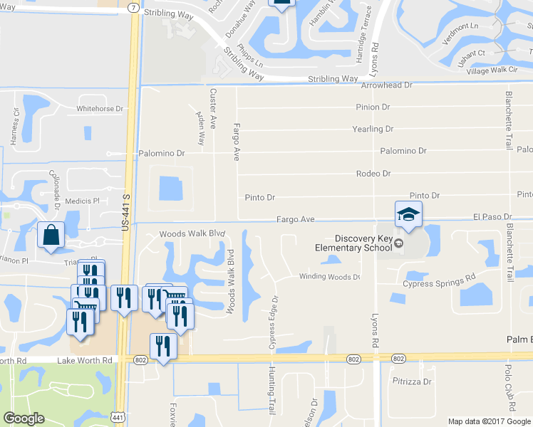 map of restaurants, bars, coffee shops, grocery stores, and more near 9395 El Paso Drive in Lake Worth