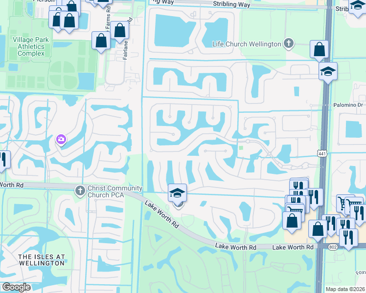 map of restaurants, bars, coffee shops, grocery stores, and more near 10549 Versailles Boulevard in Wellington