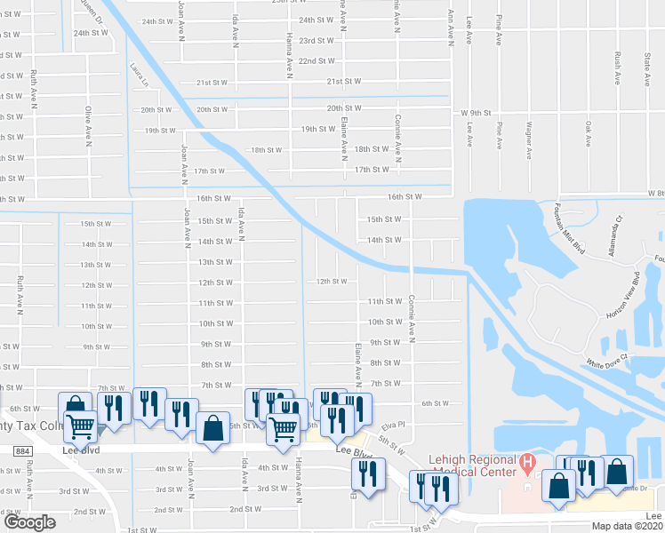 map of restaurants, bars, coffee shops, grocery stores, and more near 1205 Flora Avenue North in Lehigh Acres
