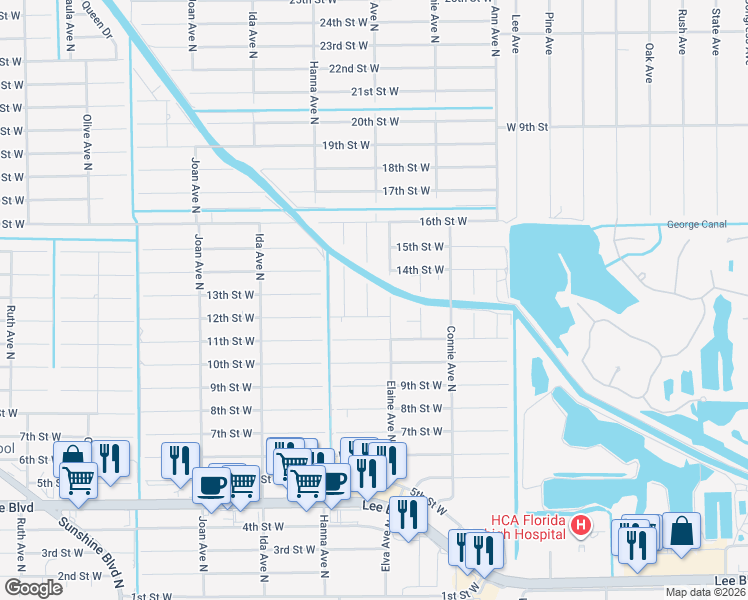 map of restaurants, bars, coffee shops, grocery stores, and more near 1205 Flora Avenue North in Lehigh Acres