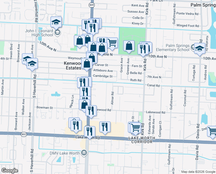 map of restaurants, bars, coffee shops, grocery stores, and more near 3544 Patio Court in Lake Worth