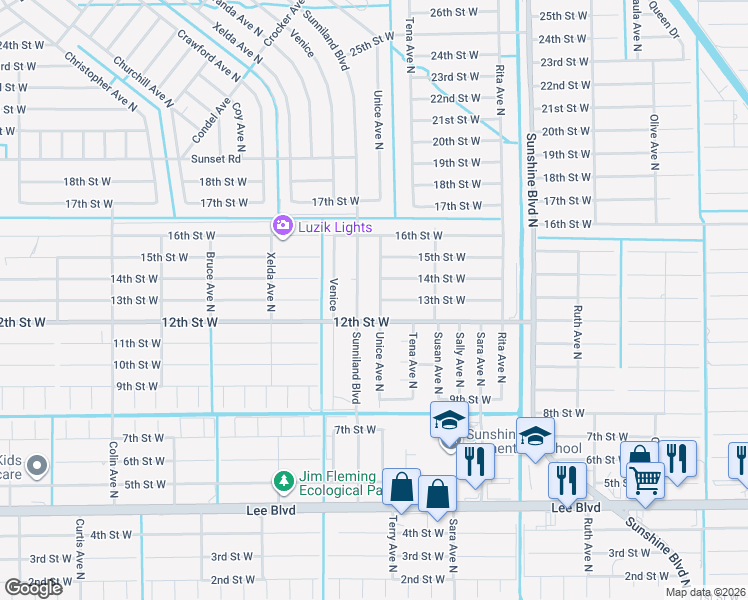 map of restaurants, bars, coffee shops, grocery stores, and more near 1205 Unice Avenue North in Lehigh Acres