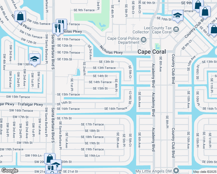 map of restaurants, bars, coffee shops, grocery stores, and more near 411 Southeast 15th Street in Cape Coral