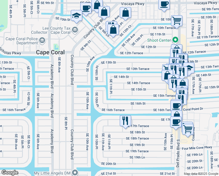 map of restaurants, bars, coffee shops, grocery stores, and more near 1452 Southeast 11th Place in Cape Coral
