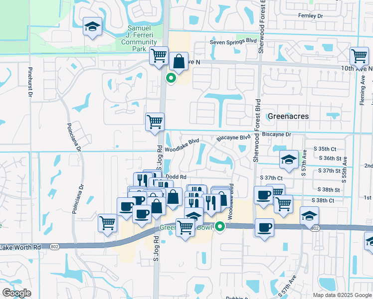 map of restaurants, bars, coffee shops, grocery stores, and more near 102 Woodlake Circle in Lake Worth