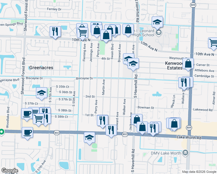 map of restaurants, bars, coffee shops, grocery stores, and more near 337 Swain Boulevard in Greenacres