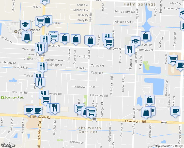 map of restaurants, bars, coffee shops, grocery stores, and more near 3952 Canal Road in Lake Worth