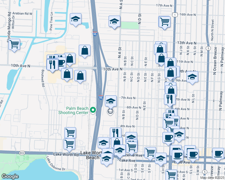 map of restaurants, bars, coffee shops, grocery stores, and more near 1720 Sunset Avenue in Lake Worth