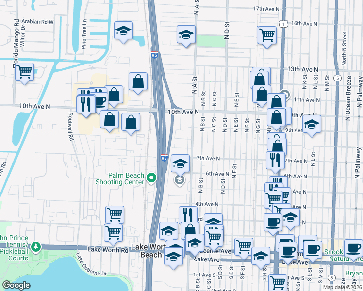 map of restaurants, bars, coffee shops, grocery stores, and more near 1720 Sunset Avenue in Lake Worth