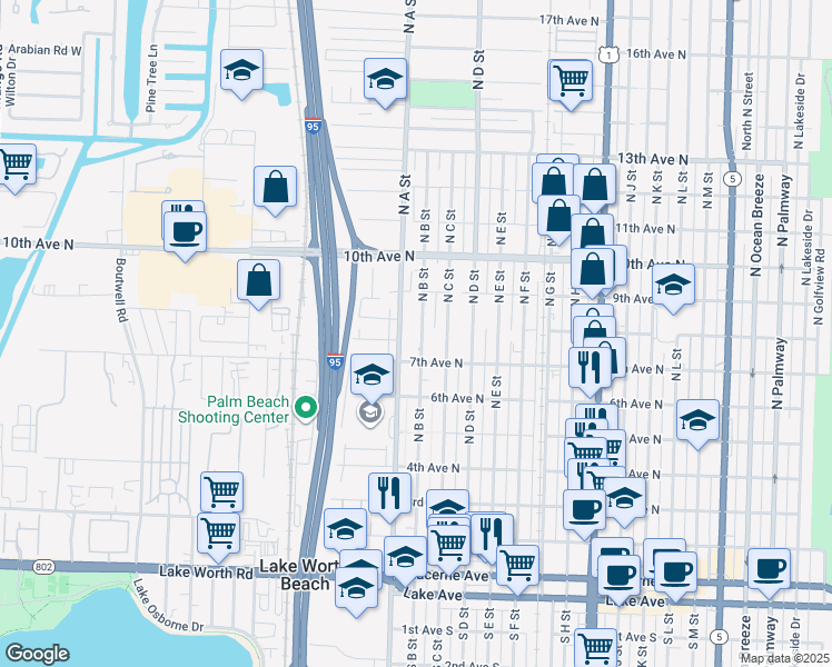 map of restaurants, bars, coffee shops, grocery stores, and more near 725 North B Street in Lake Worth