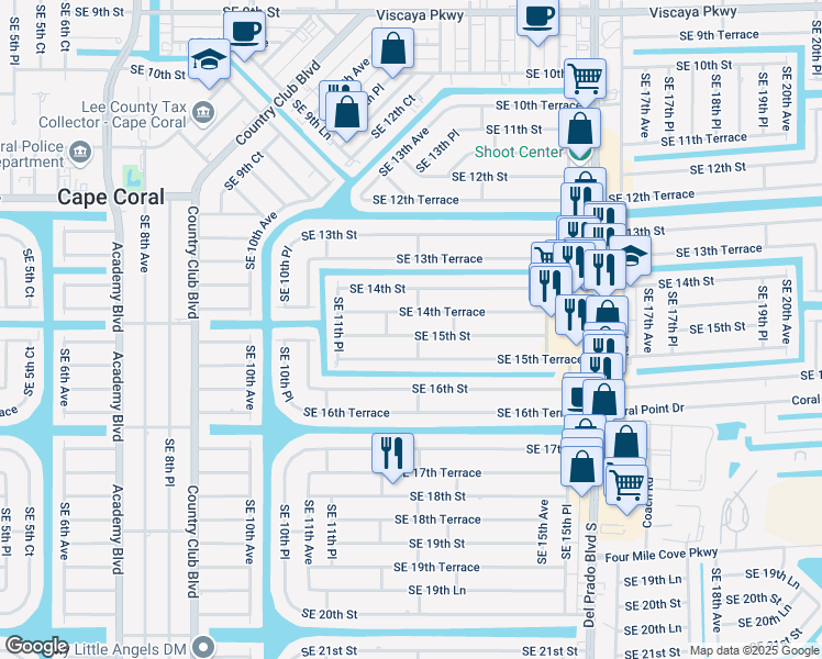 map of restaurants, bars, coffee shops, grocery stores, and more near 1215 Southeast 15th Street in Cape Coral