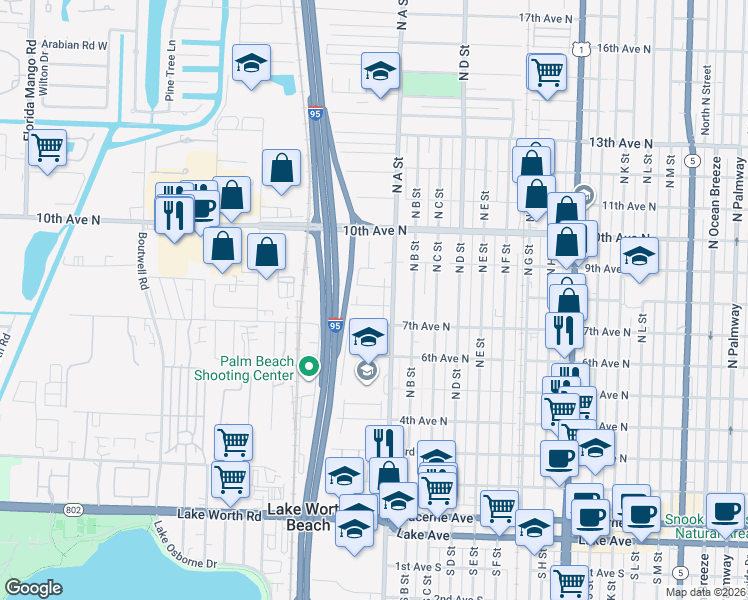 map of restaurants, bars, coffee shops, grocery stores, and more near 1720 Sunset Avenue in Lake Worth Beach