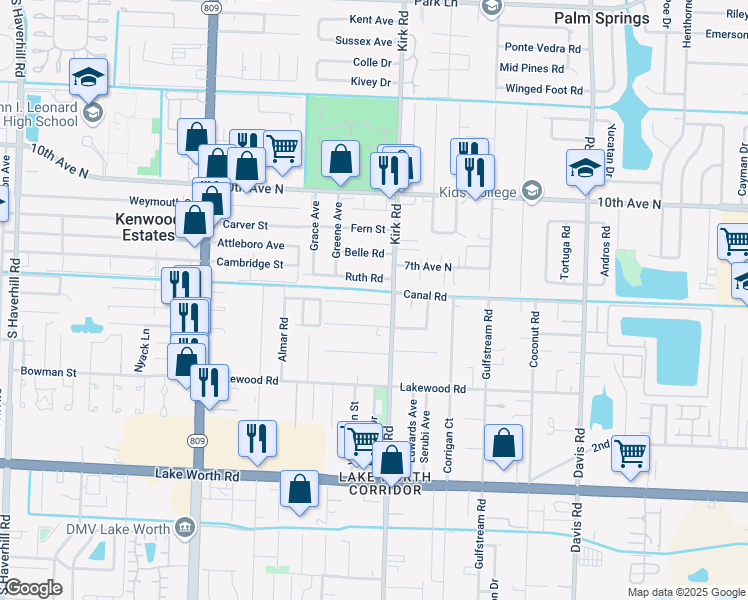 map of restaurants, bars, coffee shops, grocery stores, and more near 4049 Narcissus Avenue in Lake Worth