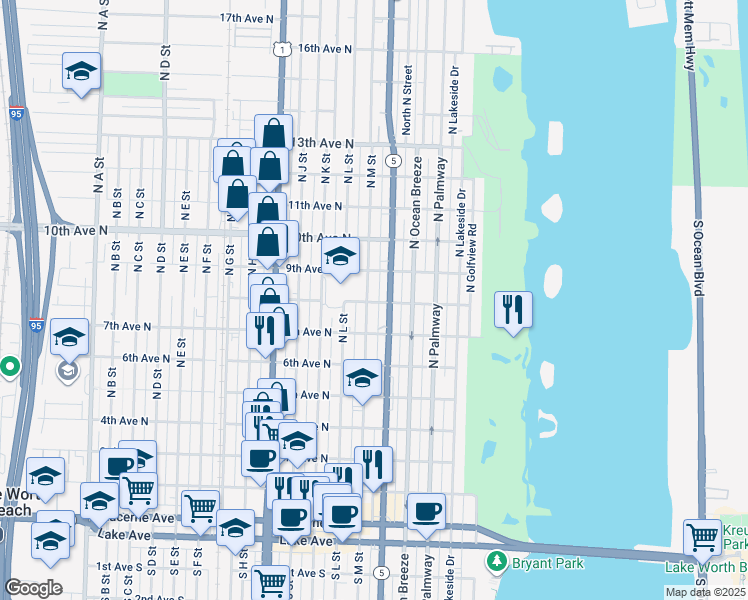 map of restaurants, bars, coffee shops, grocery stores, and more near 731 North M Street in Lake Worth