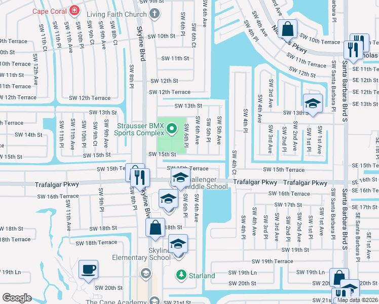 map of restaurants, bars, coffee shops, grocery stores, and more near 1424 Southwest 6th Avenue in Cape Coral