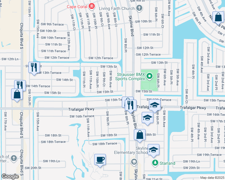 map of restaurants, bars, coffee shops, grocery stores, and more near 1425 Southwest 9th Avenue in Cape Coral