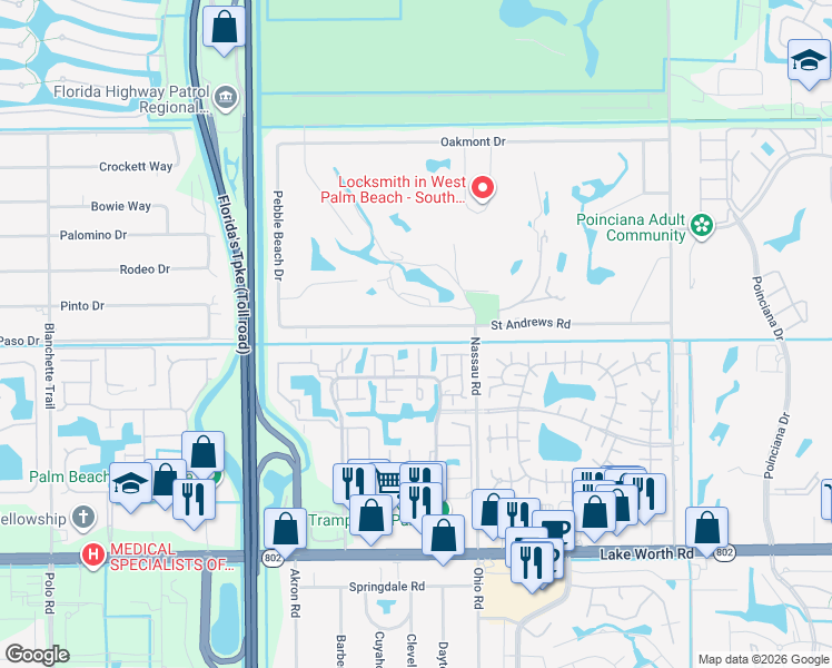 map of restaurants, bars, coffee shops, grocery stores, and more near 7640 Saint Andrews Road in Lake Worth