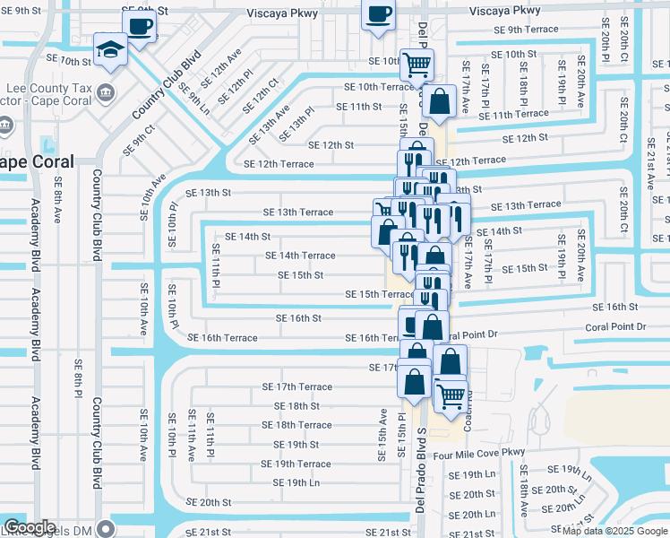 map of restaurants, bars, coffee shops, grocery stores, and more near 1419 Southeast 15th Street in Cape Coral