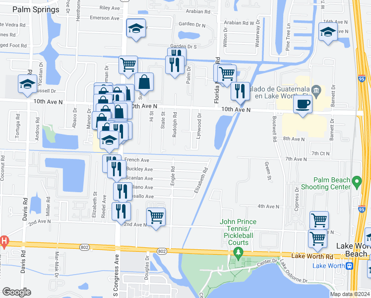 map of restaurants, bars, coffee shops, grocery stores, and more near 3431 Helena Drive in Lake Worth