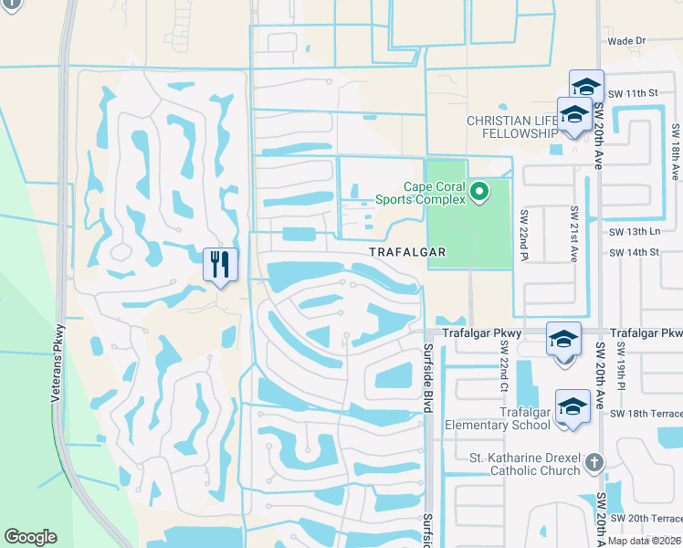 map of restaurants, bars, coffee shops, grocery stores, and more near 2605 Clairfont Court in Cape Coral