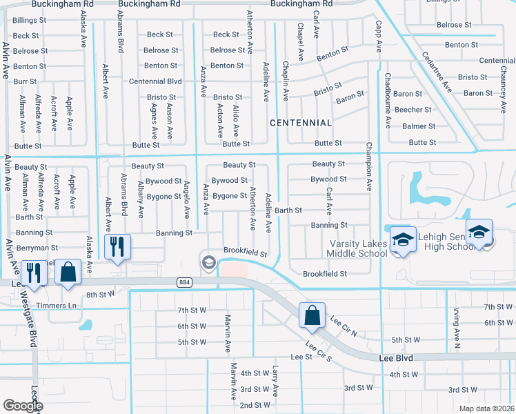 map of restaurants, bars, coffee shops, grocery stores, and more near 900 Atherton Avenue in Lehigh Acres