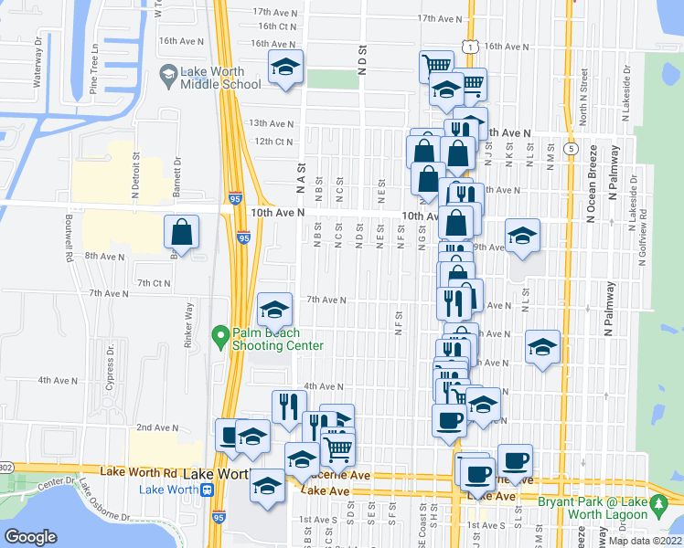 map of restaurants, bars, coffee shops, grocery stores, and more near 728 North C Street in Lake Worth