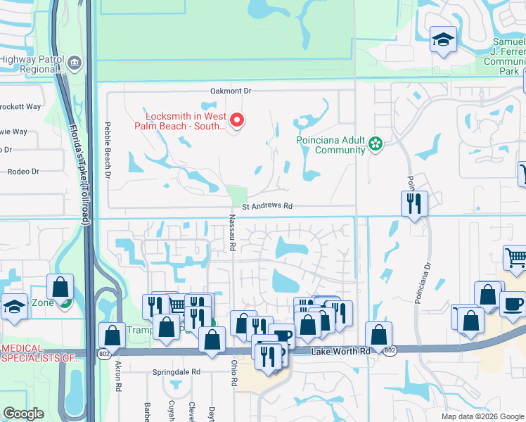 map of restaurants, bars, coffee shops, grocery stores, and more near 7366 Saint Andrews Road in Lake Worth