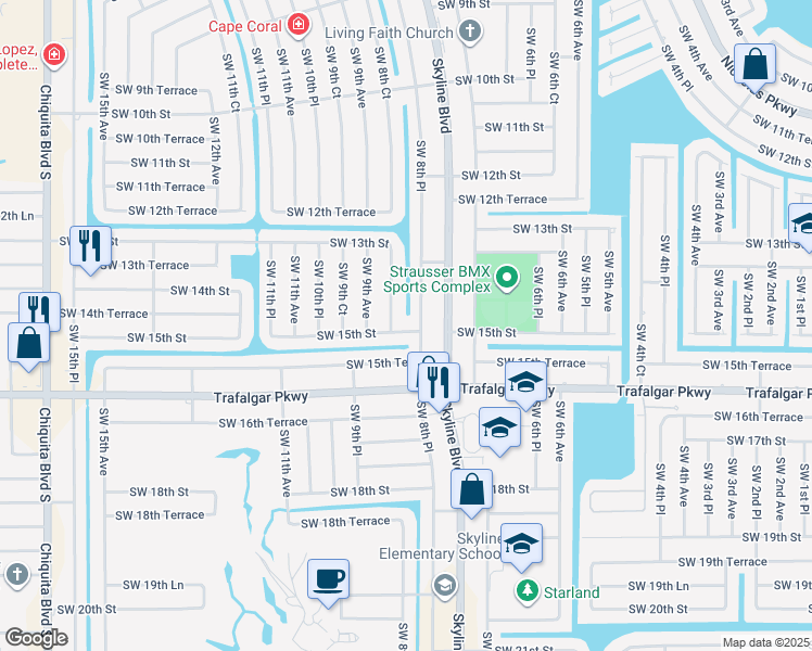 map of restaurants, bars, coffee shops, grocery stores, and more near 829 Southwest 15th Street in Cape Coral