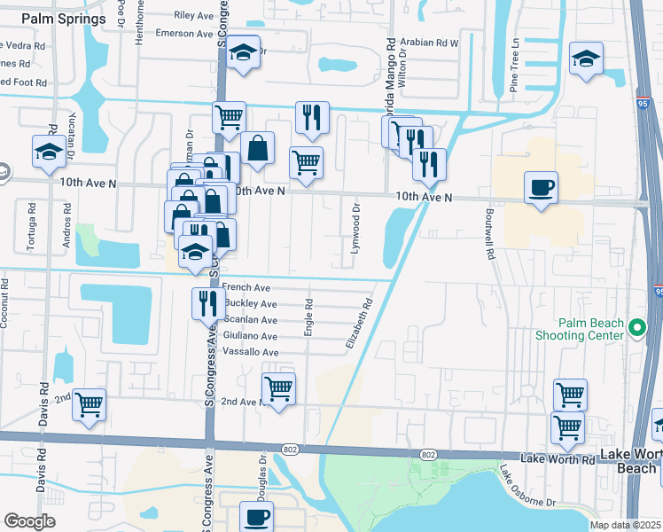 map of restaurants, bars, coffee shops, grocery stores, and more near 3481 Helena Drive in Lake Worth