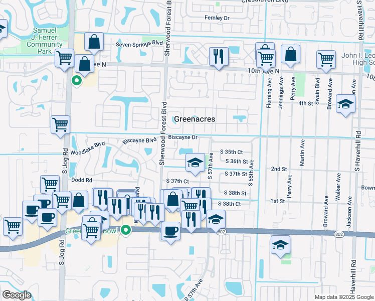 map of restaurants, bars, coffee shops, grocery stores, and more near 5900 Whispering Pine Way in Greenacres