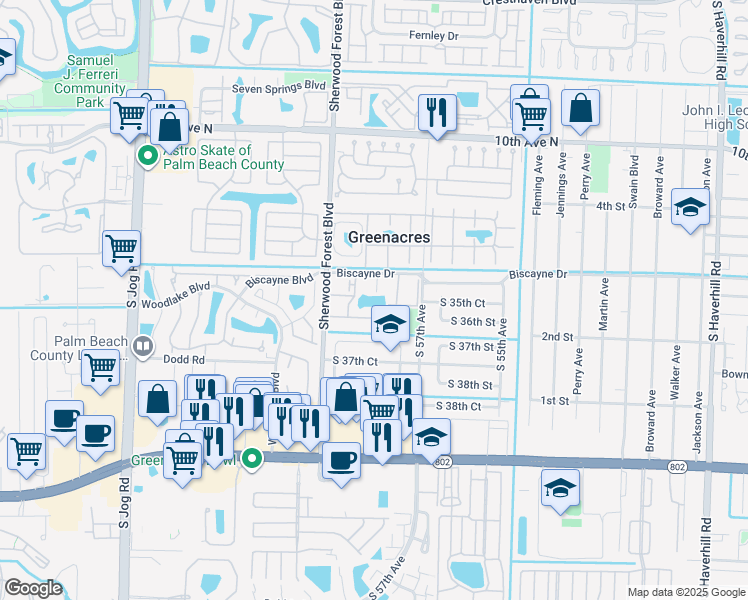 map of restaurants, bars, coffee shops, grocery stores, and more near 3560 Pine Tree Court in Greenacres