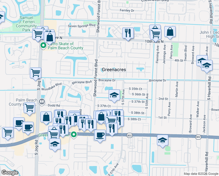 map of restaurants, bars, coffee shops, grocery stores, and more near 5900 Whispering Pine Way in Greenacres