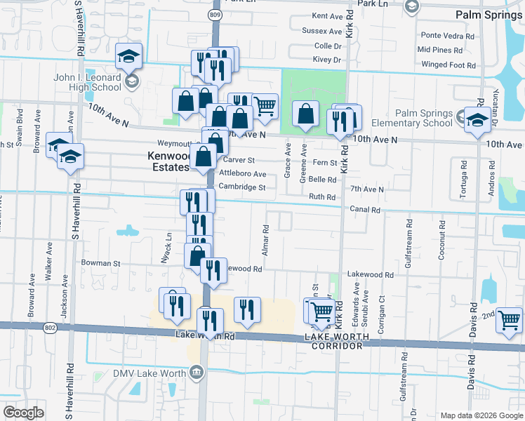 map of restaurants, bars, coffee shops, grocery stores, and more near 3544 Patio Court in Lake Worth