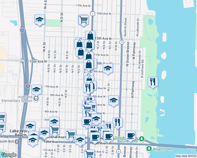 map of restaurants, bars, coffee shops, grocery stores, and more near 727 North K Street in Lake Worth