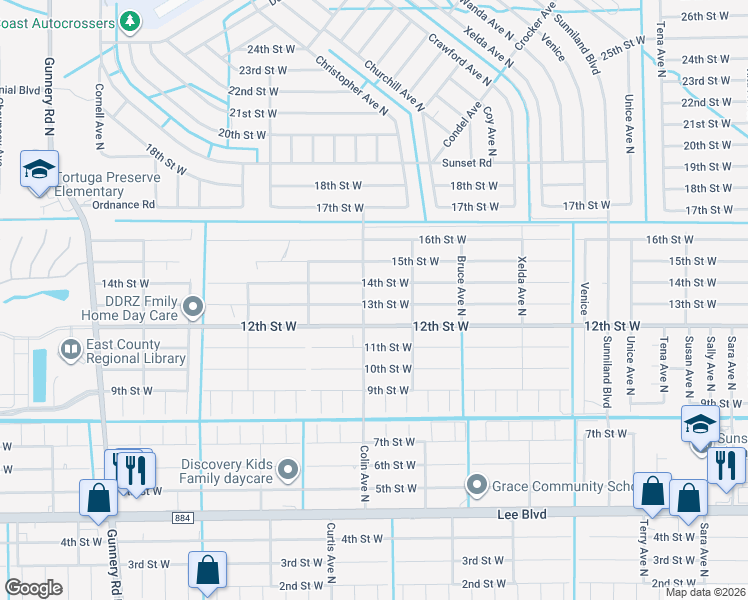 map of restaurants, bars, coffee shops, grocery stores, and more near 3912 13th Street West in Lehigh Acres